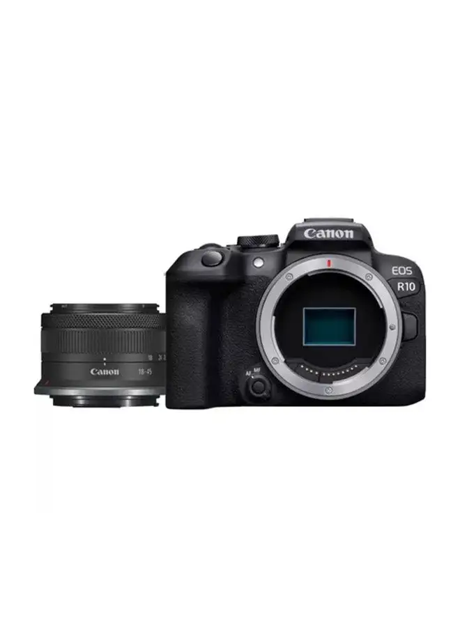 كاميرا كانون إي أو إس آر ١٠ بدون مرآة + عدسة آر إف-إس ١٨-٤٥ ملم ببعد بؤري F4.5-6.3 آي إس إس تي إم