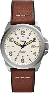 ساعة فوسيل برونسون بثلاثة عقارب لعرض التاريخ وجلد بني متوسط ​​الحجم - FS5919، فضي