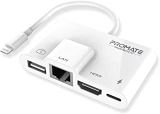 Promate Lightning Hub, 4-in-1 Premium Multimedia Adapter with 1080p HDMI Port, 10/100 Mbps RJ45 Ethernet Port, Quick Data Transfer USB Port and Lightning Charging Port for iPhone 13, MediaSync-LT