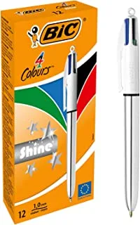 BIC 4 Colours Shine Silver Ballpoint Pen - Assorted Colours, Box of 12