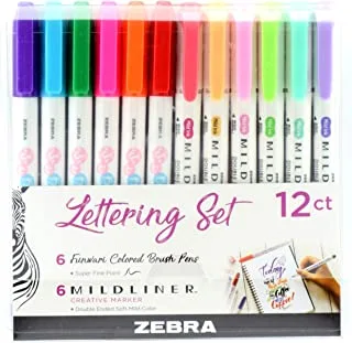 Zebra Pen Lettering Set, Includes 6 Mildliner Highlighters and 6 Super Fine Brush Pen, Assorted Colors, 12 Pack