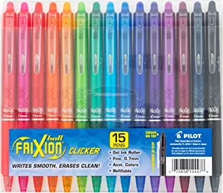PILOT FriXion Clicker أقلام حبر جل قابلة للمسح وقابلة لإعادة الملء والسحب ، نقطة رفيعة ، أحبار ألوان متنوعة ، 15 عبوة (14447)