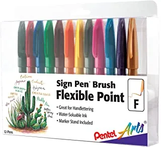 Pentel Arts Sign Pen Touch ، Fude Brush Tip ، 12 ألوان متنوعة في حامل ماركر (Ses15Cpc12)