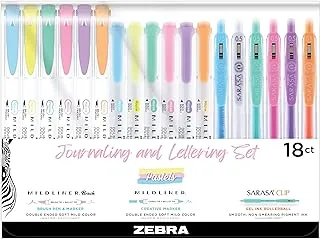 مجموعة دفتر يومية وحروف من Zebra ، تتضمن 6 أقلام تمييز و 6 أقلام فرشاة و 6 أقلام جل قابلة للسحب Sarasa Clip ، ألوان حبر باستيل ، 18 عبوة ، متعددة الألوان (76018)