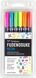 Tombow 56437 Fudenosuke قلم فرشاة نيون ، 6 عبوات. أقلام فرشاة Fudenosuke ذات طرف صلب بألوان نيون متنوعة للخط والرسومات الفنية