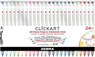 Zebra Pen ClickArt Retractable Marker Pen, Fine Point, 0.6mm, Assorted Light & Dark Ink Colors, 24-Pack, 69824