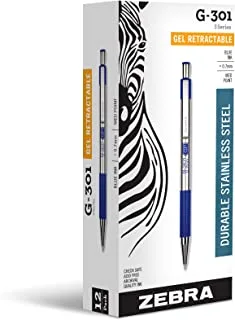 Zebra G-301 Stainless Steel Retractable Gel Pen, Medium Point, 0.7mm, Blue Ink, 12-Count