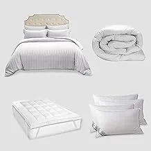 DONETELLA Hotel Style Premium Package -Includes -King Size-7 Pcs Duvet Set Sage + Duvet Insert +Mattress Topper(200x200+8cm)+4 Pillows(1000 gram) (White)
