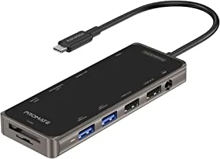 Promate USB-C Hub, 11-in-1 Type-C Multi-Port Adapter with 100W USB-C Power Delivery, 4K HDMI, VGA Port, RJ45 Port, AUX, TF/SD Card Slot and 4 USB Ports for MacBook Pro, MacBook Air, XPS, PrimeHub-Pro