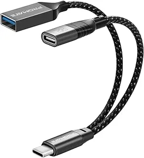 Promate USB-C OTG Data Cable, Premium USB-C Male to USB-C Female Adapter with USB Female Port, 45W, 480Mbps Data Transfer and Nylon Braided Cable MacBook Pro, iPad Air, Galaxy S22, OTGLink-C