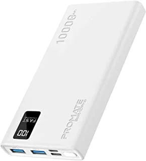 Promate Dual USB Ports Portable High-Capacity 10000mAh Slim Power Bank, White