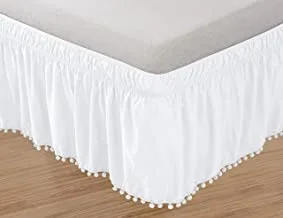 Elegant Comfort Top-Knot Tassle Pompom Fringe Ruffle Skirt Around Style Elastic Bed Wrap- Wrinkle Resistant 16 inch Drop, Twin/Full, White