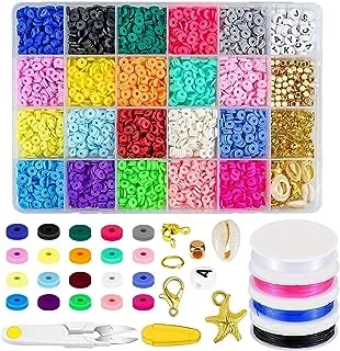 SHOWAY 4000 Pcs Clay Beads 6mm 20 Colors Flat Round Polymer Clay Spacer Beads with Pendant Charms Kit and 4 Roll Elastic Strings for DIY Jewelry Making Bracelets Necklace