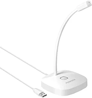 Promate USB Desktop Microphone, High Definition Omni-Directional USB Microphone with Flexible Gooseneck, Mute Touch Button, LED Indicator and Built-In Anti-Tangle Cord for PC, Gaming, ProMic-1 White