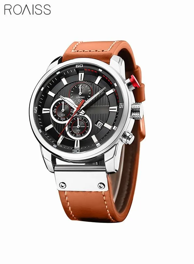 roaiss Men's Leather Strap Watch Classic Casual Stainless Steel Waterproof Chronograph Date Analog Quartz Watch