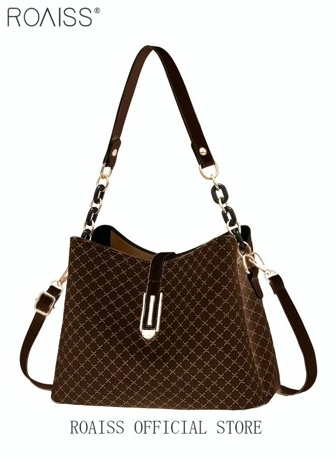 roaiss PU Leather Handbag Large Capacity Shoulder Bag for Women Dark Brown