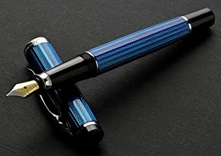 Xezo Brass Fine Fountain Pen in French Blue Metallic Color, Diamond-Cut Engraved, Platinum Plated, Serialized (Incognito Blue F) French Blue, Black, Silver Incognito Blue F
