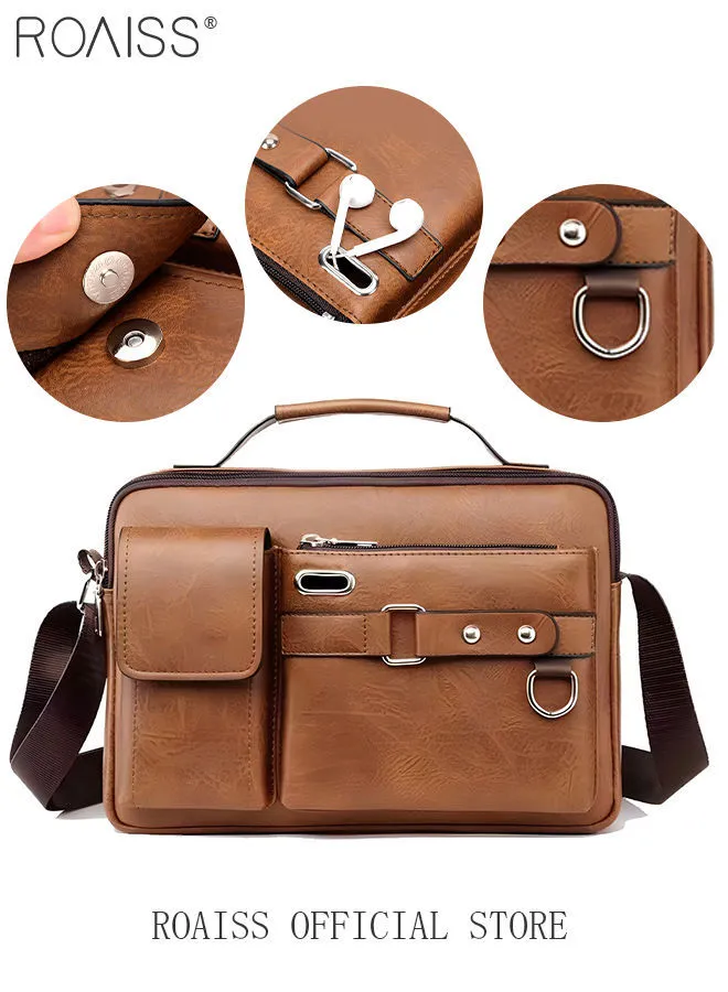 roaiss Business Messenger Shoulder Bag PU Leather Retro Chic Handbag Casual Portable Zipper Crossbody Shoulder Bag Husband Gift for Men Travel Work Office