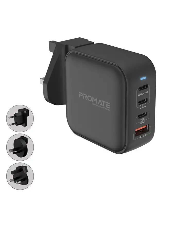 PROMATE 100W Power Delivery GaNFast Charger with Quick Charge 3.0 Black