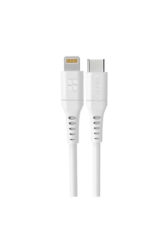PROMATE 20W Power Delivery Ultra-Fast Usb-C To Lightning Soft Silicon Cable White