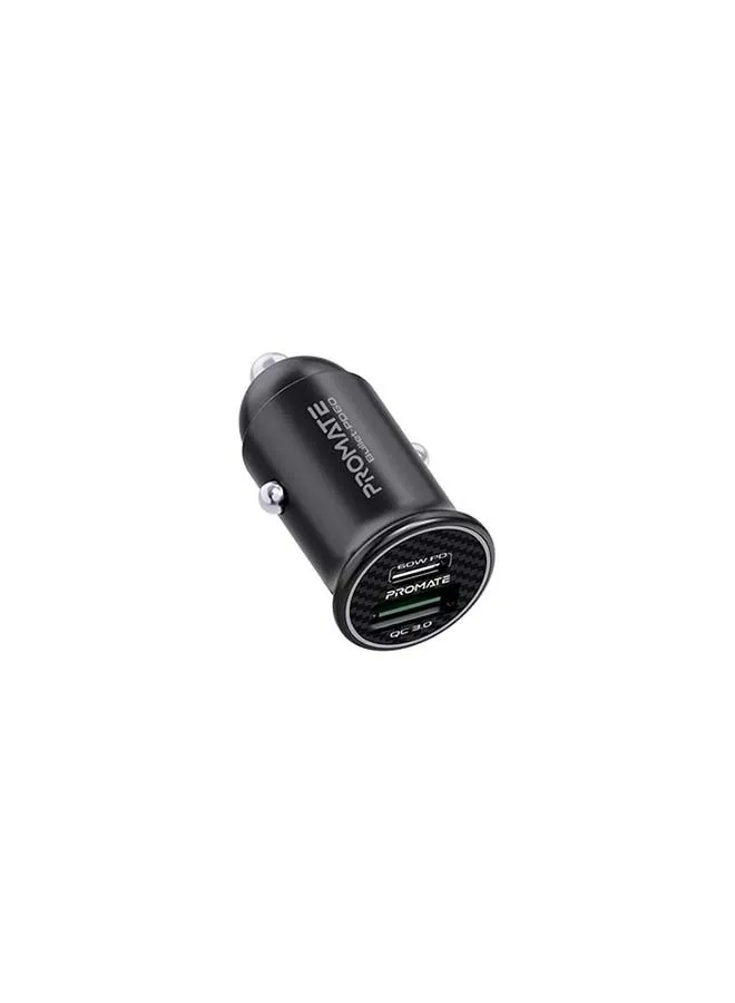 PROMATE RapidCharge Mini Car Charger with 60W PD & Quick Charge 3.0 Black
