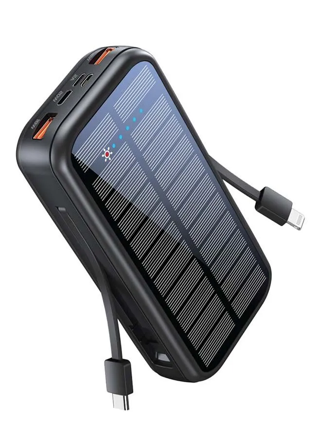 PROMATE 20000mAh EcoLight Solar Power Bank with Built-in USB-C & Lightning Cables Black