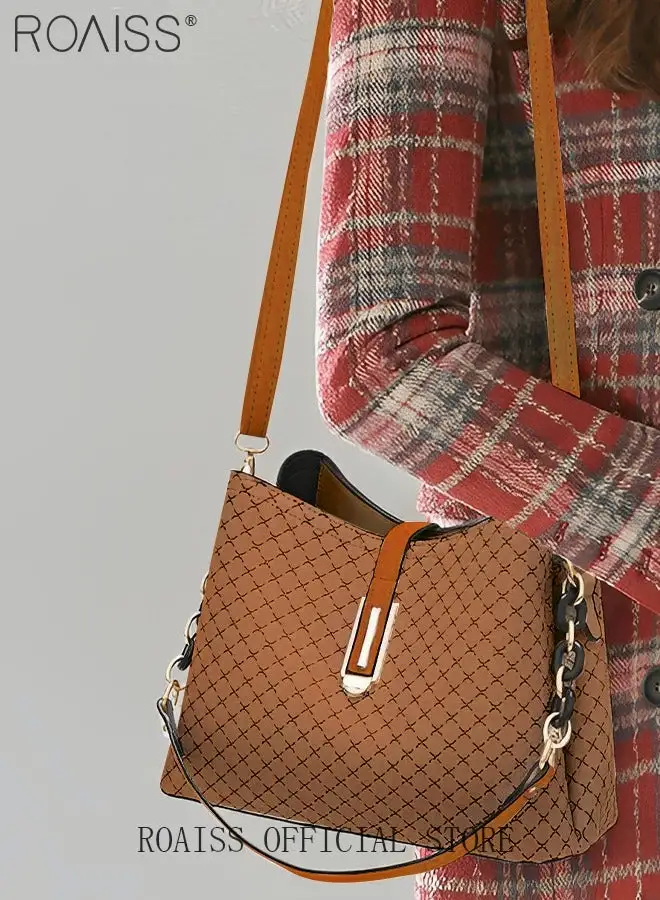roaiss PU Leather Handbag Large Capacity Shoulder Bag for Women Light Brown