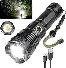 AXRUNZE Rechargeable Flashlights High Lumens, 100000 Lumen Super Bright Flashlight, XHP70 Tactical Flashlight with 5 Modes,Zoomable IPX6 Waterproof for Camping, Hiking, Emergencies, Outdoors (Grey)