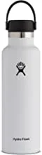 HYDRO FLASK - زجاجة ماء 621 مل (21 أونصة) - زجاجة ماء من الفولاذ المقاوم للصدأ معزولة بالتفريغ مع غطاء فليكس مانع للتسرب وطلاء مسحوق - خالية من BPA - فم عادي - أبيض