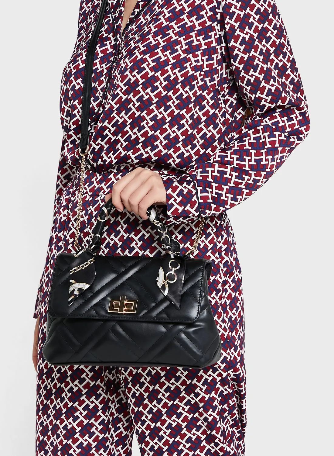 ELLA Quilted Satchel Handbag With Scarf Tie Handle