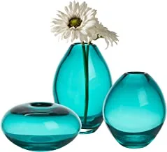 Torre & Tagus Mini Glass Vases | Art Glass Bud Vase Set of 3 Small Flower Vases for Home Decor, Dark Teal Vase for Table Decor, Handblown Clear Glass Vases for Flowers, Handmade Glass Teal Decor