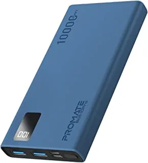 Promate Dual USB Ports Portable High-Capacity 10000mAh Slim Power Bank, Blue