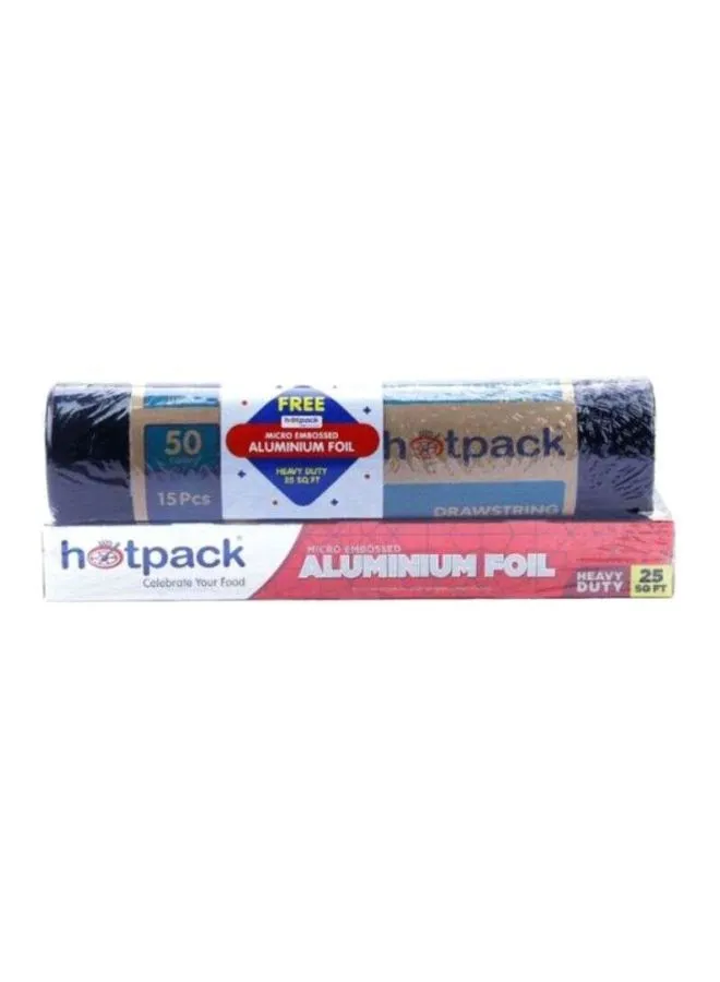 Hotpack Pack of 15-Piece Drawstring Garbage Roll Black 75x103cm 50 Gallon+Embossed Aluminium Foil 25sqft Black 75x103cm