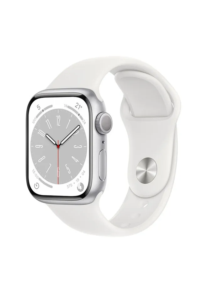 Apple Watch Series 8 GPS + Cellular 45mm هيكل من الألومنيوم الفضي مع حزام رياضي أبيض