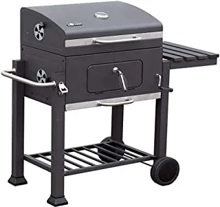 BBQ World Steel Charcoal Grill With one Side wooden tray shelf And Wheels