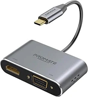 Promate USB-C to VGA and HDMI Adapter, High Definition Aluminium USB-C to VGA HDMI Converter 4K Ultra HD Adapter with 1080 VGA and Dual Screen Display Support for MacBook Pro/Air, iPad, MediaHub-C2