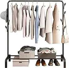 SKY-TOUCH Multipurpose Clothing Garment Rack with Bottom Shelves,Metal Clothes Stand Rack with Rod and Lower Storage Shelf, Heavy Duty Coat Rack and Shoe Bench Storage Stand for Indoor Bedroom Black