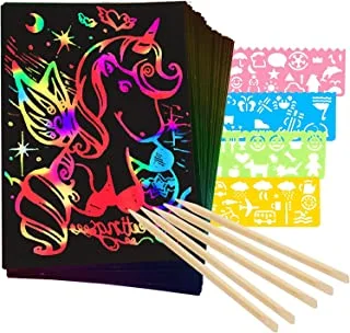 Mumoo Bear Rainbow Scratch Paper Scratch Art Crafts 50 Piece Art Kit Set 5 Wooden Styluses Creaticity Imagination Gift for Kid Children Boy Girl