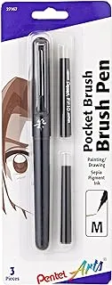 قلم حبر صبغ Pentel Arts Pocket Brush مع عبوات - (1) قلم فرشاة جيب ، (2) عبوات حبر صبغ - بني داكن (Gfkp3Bpsp)