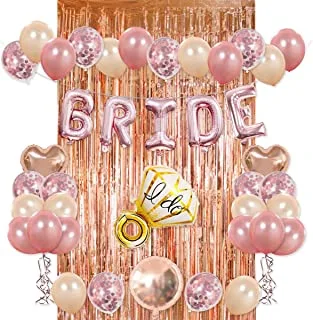 Bride Party Decorations Kit- Rose Gold Foil Fringe Curtain, 20 Latex Balloons, 10 Confetti Balloon, Bride And Ring Heart Round Mylar Balloons For Bachelorette Bridal Shower Party Supplies-S