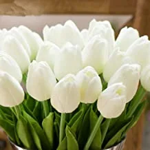 باقة أزهار بو جور من البولي يوريثان بلمسة حقيقية من زهور الزنبق الاصطناعية 20 قطعة من باقة الزهور لتزيين المنزل والمكتب والزفاف (أبيض)