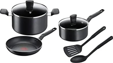 TEFAL Cookware Set of 7 Pieces | Super Cook | Frypan 24 cm/Saucepan 18 cm+lid/Stewpot 24 cm+Lid/Spoon/Slotted Spatula | Non-Stick with Thermo Signal | Aluminium | Black | 2 Years Warranty | B459S784