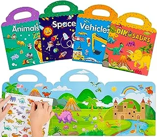 Mumoo Bear Reusable Sticker Books Toys for Kids - 4 Pack for Age 2 3 4 Year Old Boys Girls Toddlers, 3D Clear Animal Space Vehicles Dinosaur Sticker Book Educational Learning Toy Birthday Gifts