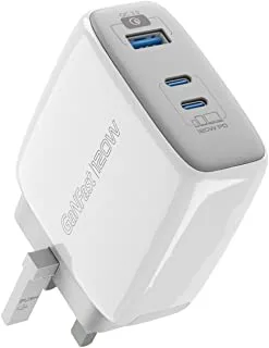 Promate GaN USB-C™ Charger, Ultra-Compact 120W, Wall Charger with Dual Type-C™ Ports, 18W QC 3.0 Port, Short-Circuit Protection for MacBook Air, iPhone 14, PowerPort-120.White