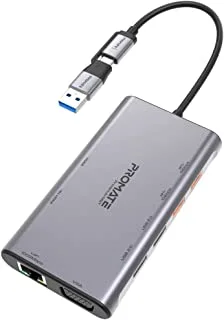 Promate USB-C ™ Hub ، محور ألومنيوم متعدد الشاشات 9 في 1 4K مع منفذ HDMI مزدوج ، منفذ VGA بدقة 1080 بكسل ، شبكة LAN 1000 ميجابت في الثانية ، توصيل طاقة ™ USB-C بقدرة 20 وات ، منافذ USB 3.0 و USB 2.0 ، PrimeHub-MS