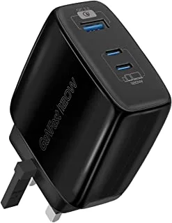 Promate GaN USB-C™ Charger, Ultra-Compact 120W, Wall Charger with Dual Type-C™ Ports, 18W QC 3.0 Port, Short-Circuit Protection for MacBook Air, iPhone 14, PowerPort-120.Black