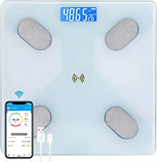 SKY-TOUCH Multifunctional Smart Body Fat Scale, Smart Electronic Led Digital Weight Bathroom Scale With Smartphone App, Support 17 Languages And Indoor Temperature Measurement, 260 * 260 * 23Mm White