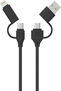 Promate 4-In-1 60W USB-C Power Delivery Charging Cable with USB-A Cable and 20W Lightning Cable, 120 cm Length, Black