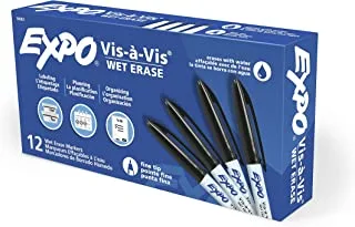 علامات المسح الرطب Expo 16001 Vis-A-Vis - للاستخدام على أجهزة العرض العلوية والشفافية والتقويمات المصفحة - Fine Point ، عبوة من 12 قلم ، أسود