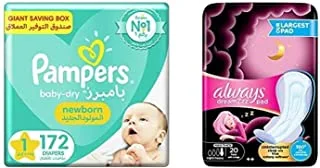 Pampers New Baby-Dry Diapers, Size 1, Newborn, 2-5kg, Giant Box, 172 Count + Always Dreamzz Pad Cotton Soft Maxi Thick, Night Long Sanitary Pads With Wings, 20 Count